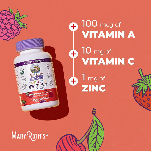 Maryruth Organics Vitamin Gummy | Kids and Toddlers Age 2+ | USDA | Daily Vitamin C | D3 | Zinc | Mixed Berry and Cherry | 2 Month Supply