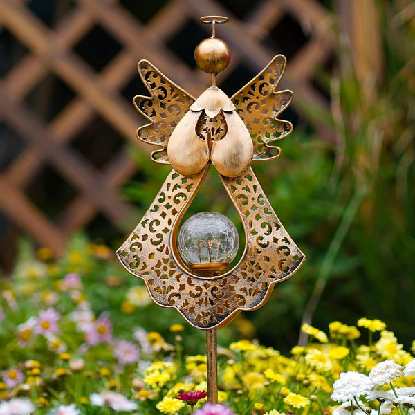 Starryfill Angel Stake Solar Lights with Crackle Glass Globe Waterproof Warm White LED, 40.5 inches Height Metal Bronze Stake Garden Patio Art