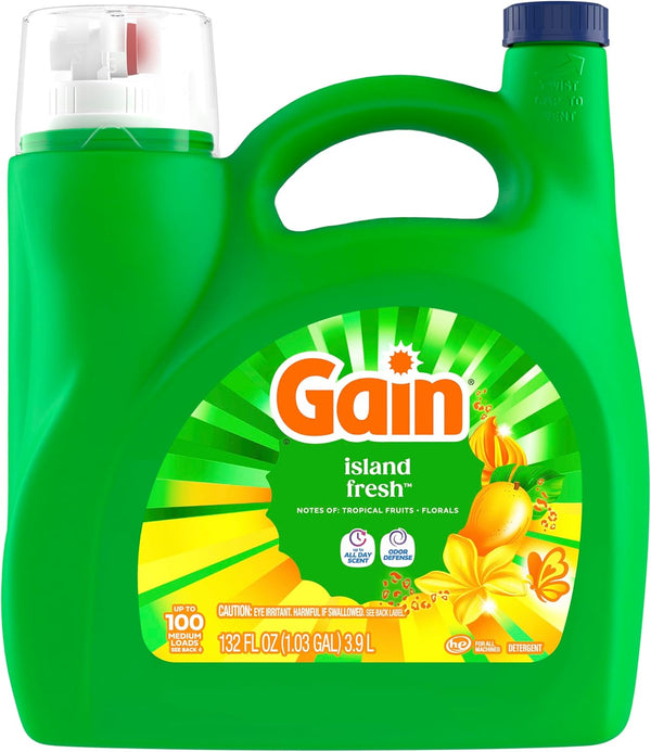 Gain Liquid Laundry Detergent, With Odor Defense, Island Fresh Scent, Laundry Soap For HE Washing Machines, 132 fl oz, 100 Loads (Packaging May Vary)