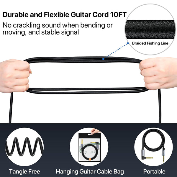 Guitar Cable 10FT, Electric Instrument Bass AMP Cord 1/4 Inch TS Guitar Cables with OFC-Graphene Hybrid Shield for Electric Mandolin, Pro Audio