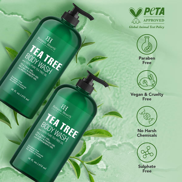 Botanic Hearth Tea Tree Body Wash, 16 Fl Oz (473 ml) Pack of 2 | With Tea Tree Oil, Peppermint & Sea Buckthorn | Gently Cleanses, Refreshes &