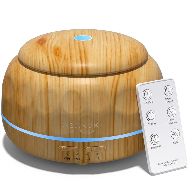 ASAKUKI Essential Oil Diffuser, 300ML Aromatherapy Humidifier with 7-Color Light, Small Home Diffuser with Remote Control for Relaxation -Light Wood