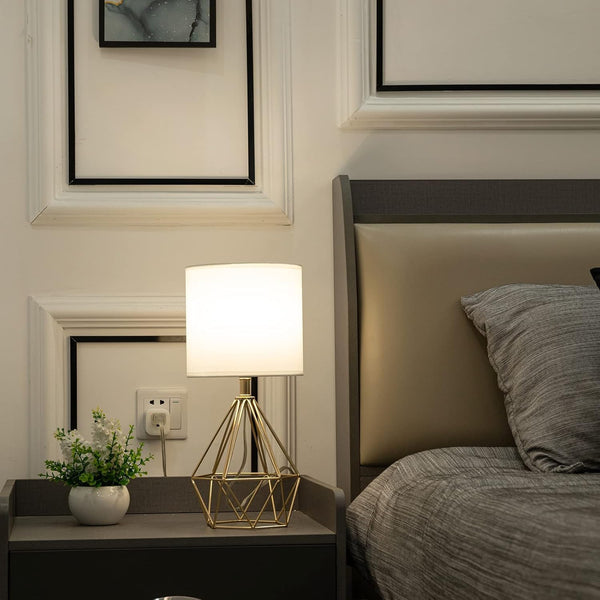 Gold Modern Hollow Out Base Bedroom Small Table Lamp,Bedside Nightstand Lamp with Geometric Metal Base White Fabric Shade,Cute Desk Lamp for Kids