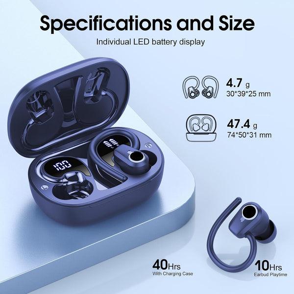 Wireless Earbuds, 2023 Bluetooth Headphones 5.3 Sport, 50H Ear buds with Earhooks, Dual LED DisplayBluetooth Earbuds, Stereo Noise Cancelling