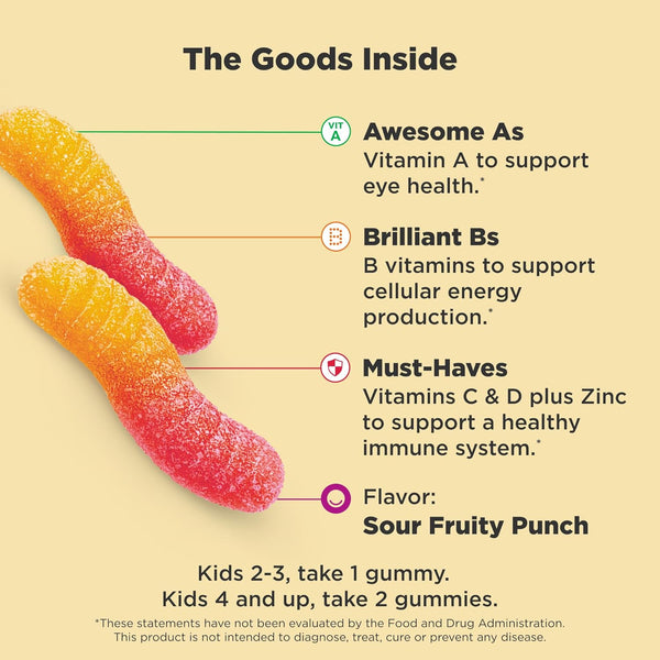 OLLY Kids Multivitamin Gummy Worms, Overall Health and Immune Support, Vitamins and Minerals A, C, D, E, Bs and Zinc, Chewable Supplement, Sour