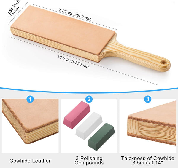 Angerstone Oversize Double Sided Leather Strop Kit(3" Knife Stropping Leather）with Ergonomic Handle - Knife Strop for Sharpening Knives, Wood