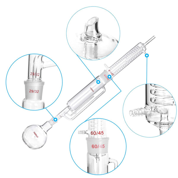 MXBAOHENG 1000Ml Soxhlet Extractor Kit Soxhlet Extraction Apparatus with 60/45 Graham Condenser, Flat Bottom Flask 29/32 Joint, Extractor Tube Lab