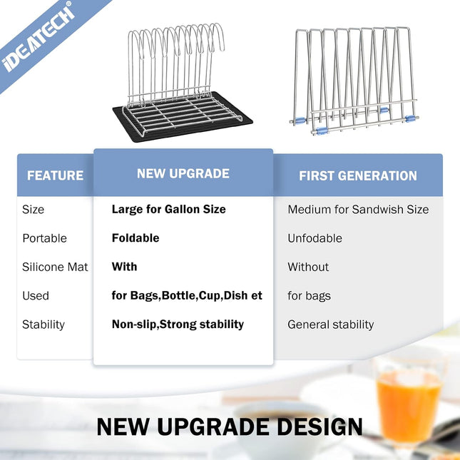 IDEATECH Reusable Bag Rack with Cup Drying Mat,Plastic Bag Dryer Rack Dish Drying,Collapsible Kitchen Counter Storage Or