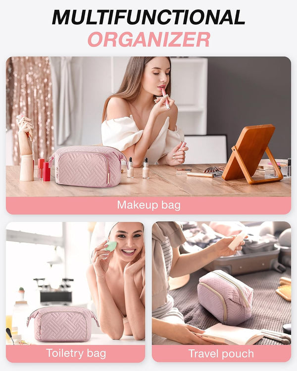 BAGSMART Travel Makeup Bag, Cosmetic Bag Small Make Up Organizer Case,Wide-open Pouch for Women Purse for Toiletries Accessories Brushes Pink A-1