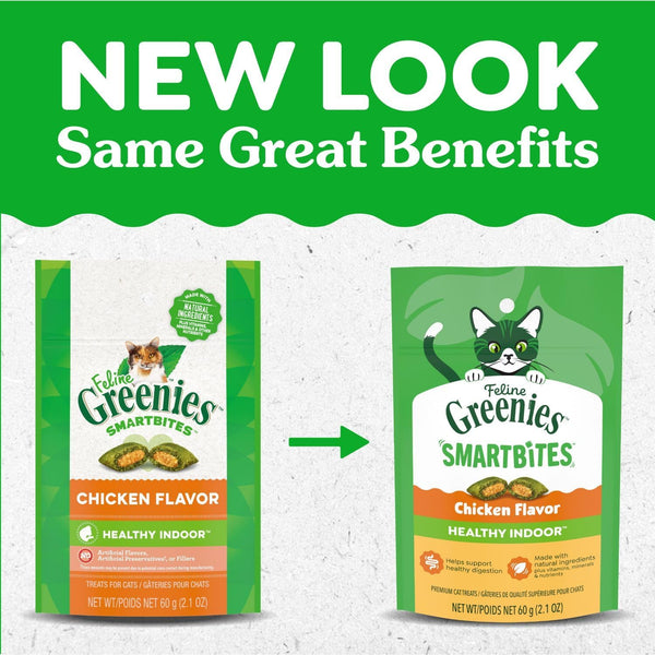 Greenies Feline Smartbites Healthy Indoor Cat Treats, Chicken, 2.1 oz | Veterinarian-recommended, Fiberblend Formula, supports digestion, under 2