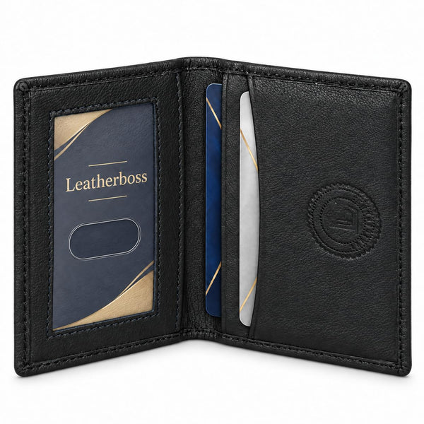 Leatherboss Genuine Leather Small Slim Bifold Wallet | Credit, Debit, ID Card Holder | Compact & Stylish with Clear ID Windows | Gift for Men, Black
