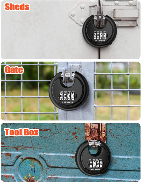 DELSWIN 4-Digit Disc Combination Lock Outdoor - Heavy Duty Combination Padlocks with Hardened Steel Shackle Weatherproof Combo Locks for