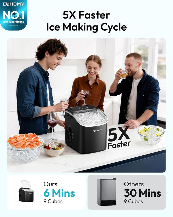 EUHOMY Countertop Ice Maker Machine with Handle, 26lbs in 24Hrs, 9 Ice Cubes Ready in 6 Mins, Auto-Cleaning Portable Ice Maker with Basket and
