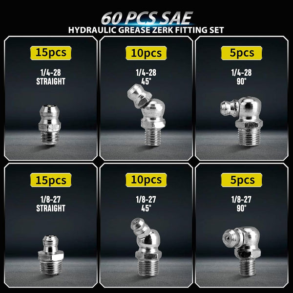 60Pcs Galvanized Steel Grease Fittings Kit, SAE 1/4" & 1/8" Grease Zerks Assortment with Straight 45° 90° Angled Zerk Fittings for Automotive &