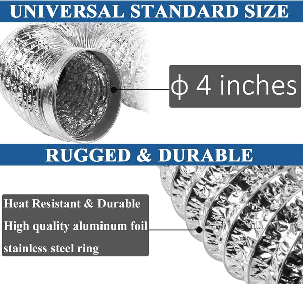 Funmit Dryer Vent Hose Kit - 4 In Diameter by 5 Ft Length - with 2 Stainless Steel Worm Clamp - Flexible Universal Aluminum Foil Non-Insulated -