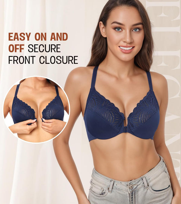 DotVol Women's Front Close Bra T Back Full Figure Underwire Plus Size Seamless Unlined Bra for Large Bust 40G Blue