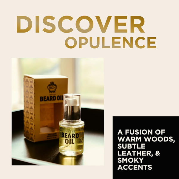 RICH Luxury Beard Oil for Men - Deep Conditioning and Softening for Your Beard & Mustache with Argan, Jojoba & Macadamia Oil - 1 Fl Oz (Luxury