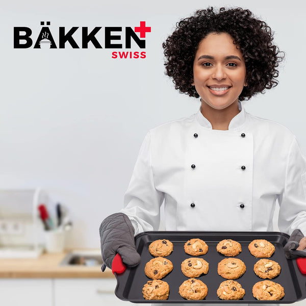 Baking Pan Set – 3 Piece Cookie Sheet – Deluxe Black Non-Stick Carbon Steel – Silicone Handles – Commercial Grade Restaurant Quality – PFOA PFOS