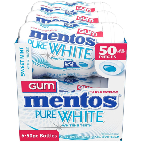 Mentos Pure White Sugar-Free Chewing Gum With Xylitol, Sweet Mint, Holiday Candy, Bulk, 50Piece Bottle (Pack Of 6) | Chewing Gum with Xylitol,