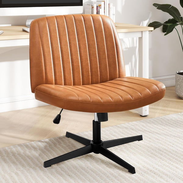 DUMOS Criss Cross Chair No Wheel Legged Office Wide Comfy Desk Vanity Chair, Armless Computer Task Seating PU Leather, Swivel Home Height