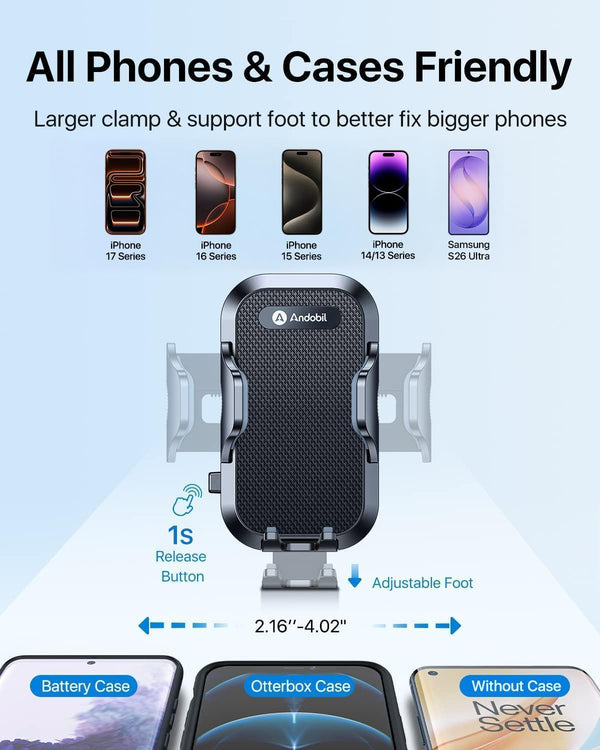 andobil Military-Grade Phone Holders for Your Car 【89+ LBS Strongest Suction & Metal Clip】 2026 Ultimate Car Phone Holder, Dashboard Windshield