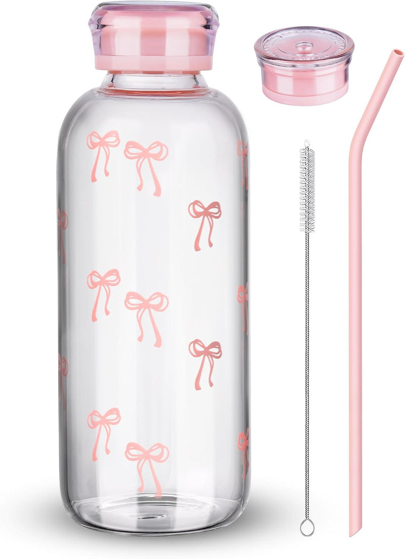 NiHome 25oz/750ml Clear Glass Water Bottle with 2 Caps & Stainless-Steel Straw, Temperature Resistant Durable High Borosilicate Glass Drinkware