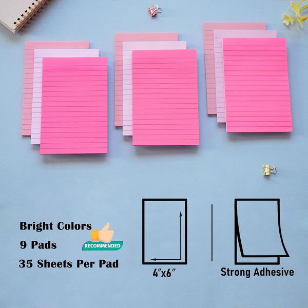 9 Pack Lined Sticky Notes 4X6 in Post Sticky Notes with Lines, Large Ruled Post Sticky Colorful Super Sticking Power Memo Pads Strong Adhesive