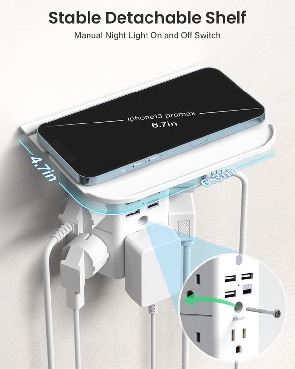 Wall Outlet Extender with Shelf and Night Light,Surge Protector,Usb Wall Charger with 5 AC Outlets and 3 USB Ports 1 USB C Outlet Wide Space