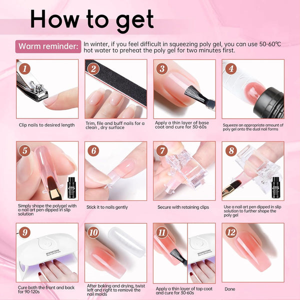 JEWHITENY Poly Extension Gel Nail Kit 14 PCS Poly Gel Kit with Slip Solution and Mini Lamp Nail Art Design Beginner A03
