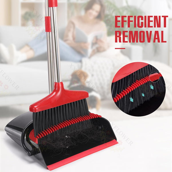 Broom and Dustpan Set with Long Handle, Light Weight Stainless Steel Poles Stand Upright Dustpans with Broom Combo for Home Kitchen Office Pet Dog