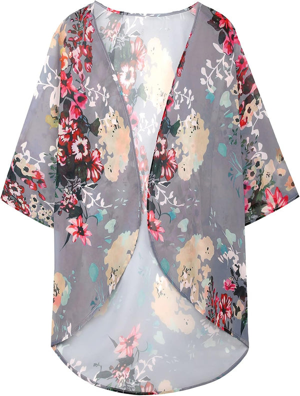 Women's Floral Print Puff Sleeve Kimono Cardigan Loose Cover Up Casual Blouse Tops 2026 Large Aa Dark Grey