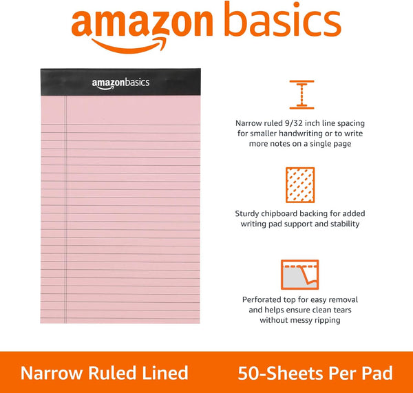 Amazon Basics Narrow Ruled Writing Pads, Perforated, 5" x 8", Multicolor, 6-Pack of 50 Sheets Multicolor 6-pack 5x8 Narrow Ruled