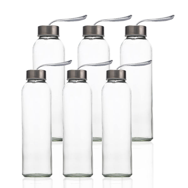 Suresave Glass Water Bottles with Stainless Steel Lids and Sleeves | 18 Oz Reusable Glass Bottles with Carrying Loop for Eco-Friendly Travel