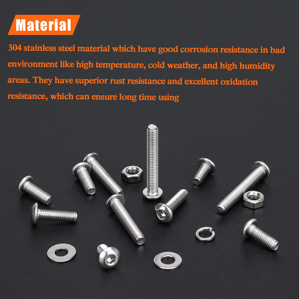 HELIFOUNER 500 Pieces M3 x 6mm /8mm /10mm /12mm /16mm /20mm, Hex Button Head Cap Metric Screws Bolts Washers Nuts Kit, 304 Stainless Steel