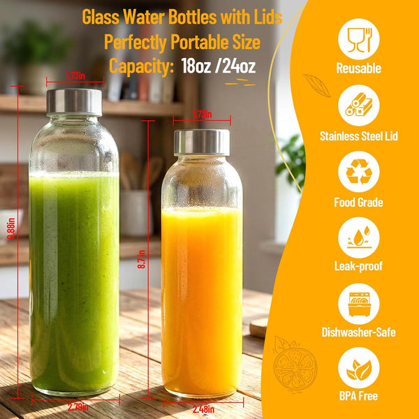 Clear Glass Bottles with Lids 18 Oz, Reusable Glass Water Bottles with Stainless Steel Cap for Juicing, Refrigerator,100% Leak Proof, BPA Free,