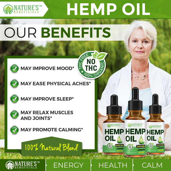 NATURE'S BENEFICIALS Organic Hemp Oil Extract Drops, 300Mg - Omega Fatty Acids 3 6 9, Non-Gmo Ultra-Pure CO2 Extracted