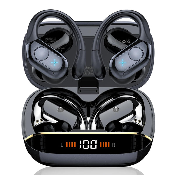 Wireless Earbuds Bluetooth 5.4 Headphones 75H Stereo Deep Bass Sports Over Ear Buds with Earhooks, LED Display Bluetooth Earbuds with 4 ENC Mic,