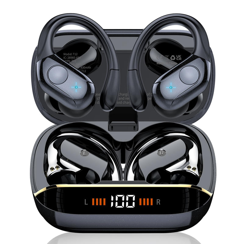 Wireless Earbuds Bluetooth 5.4 Headphones 75H Stereo Deep Bass Sports Over Ear Buds with Earhooks, LED Display Bluetooth Earbuds with 4 ENC Mic,