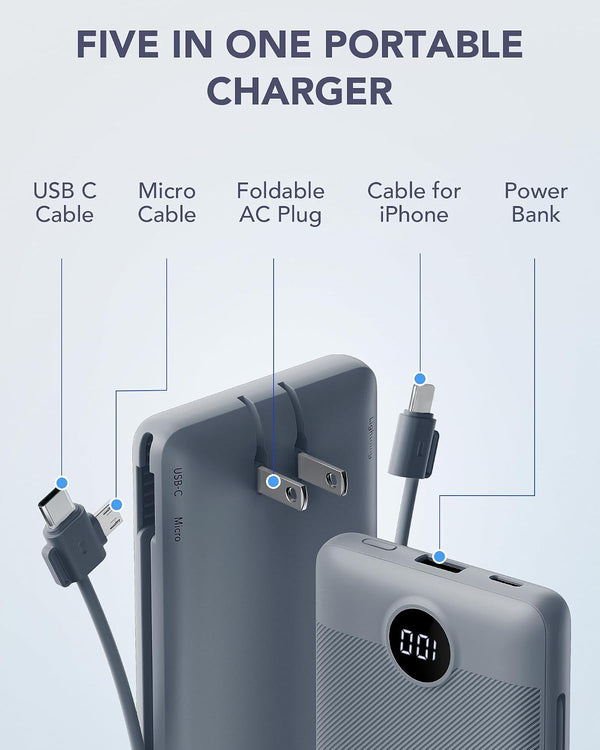 VRURC Portable Charger Built-In Cables and AC Wall Plug, USB C Power Bank 10000Mah, Travel Battery Portable Phone Charger Compact Lightweight