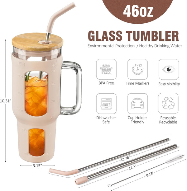 Glass Tumbler with Lid and Straw, 46 Oz Iced Coffee Cup with Handle, Glass Water Bottles with Silicone Sleeve, Glass Cup with Straws - Pearl Straw