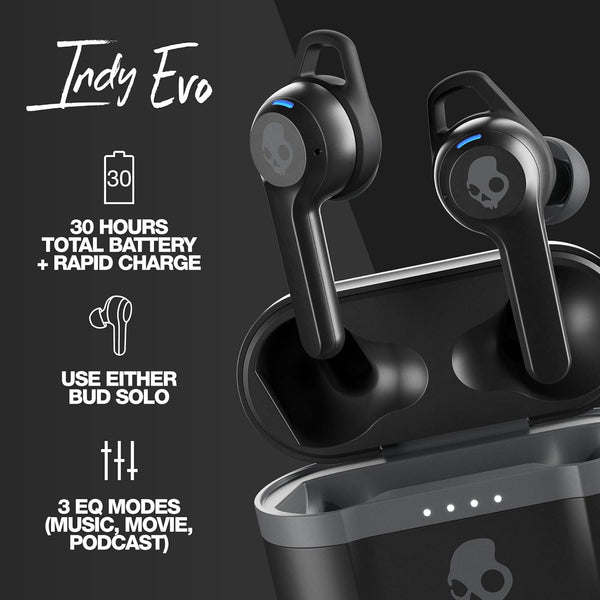 Skullcandy Indy Evo In-Ear Wireless Earbuds, 30 Hr Battery, Microphone, Works with Iphone Android and Bluetooth Devices - Black