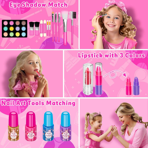 Hollyhi 58 Pcs Kids Makeup Kit for Girl, Princess Toys Real Washable Cosmetic Set with Mirror, Kids Makeup Sets for Girls, Play Make up Birthday