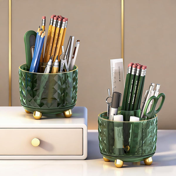 Dark Green Pen Pencil Holder for Desk, 360Â° Rotating Pen Organizer, Green Office Supplies, Cute Pen Holder, 6-Compartment Pencil Holder Rotating