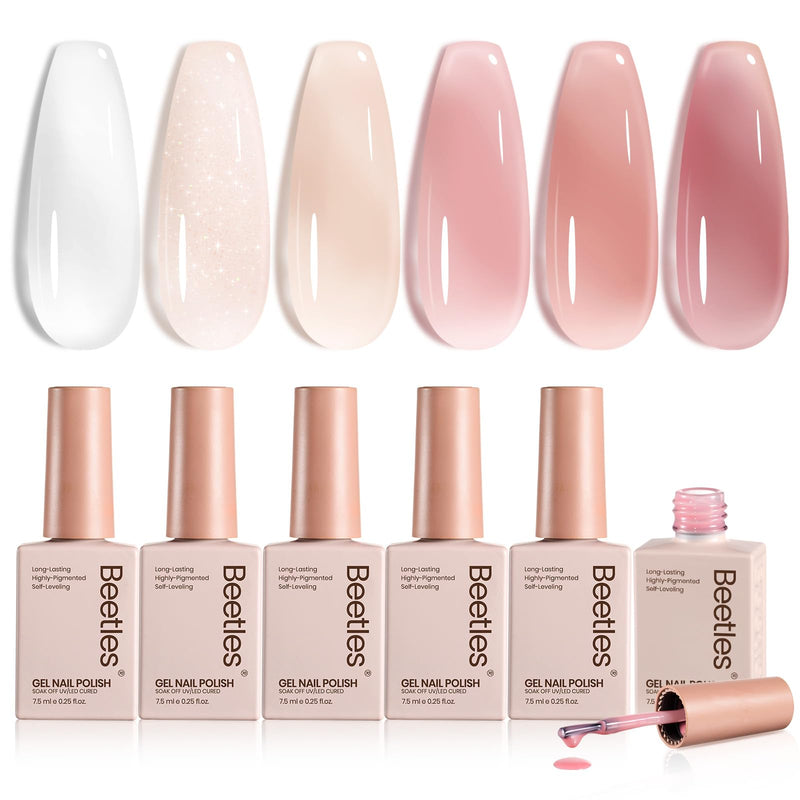 beetles Gel Polish Whispers of Love Jelly Gel Nail Polish Set - 6 Colors Milky White Nude Pink Neutral Sheer Translucent Soak Off UV Gel Nail Kit,
