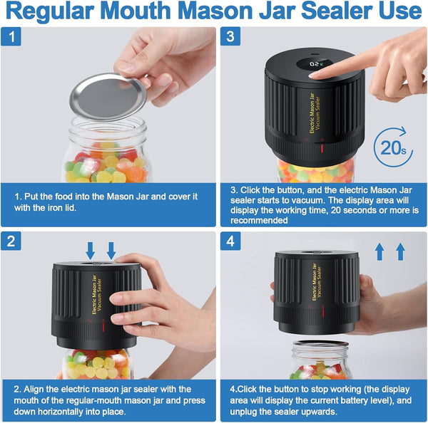 LOVE MOMENT Electric Mason Jar Vacuum Sealer Kit | for Wide Mouth and Regular Mouth Mason Jar Black