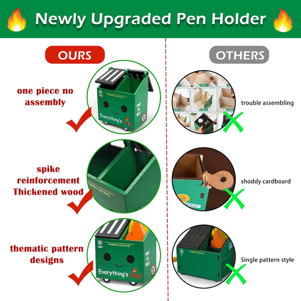 PUNICA Dumpster Fire Pencil Holder with 100 Pcs Flame Note Cards, Funny Office Desk Accessories Decor, Great Gifts for Coworkers Teacher - Green