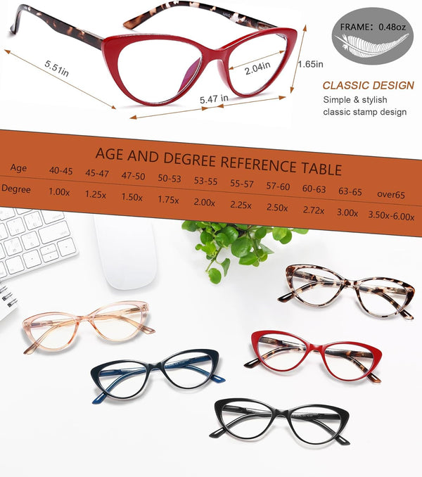 EYEURL 5-Pack Cat Eye Reading Glasses for Women- Men Blue Light Blocking Glasses Stylish Computer Readers for Women Anti Eyestrain & Glare with