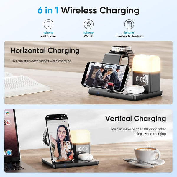 6 in 1 Wireless Charging Station with Clock & Night Light，Alarm Clocks for Bedrooms,Wireless Charger Stand with Beside Clock for iPhone