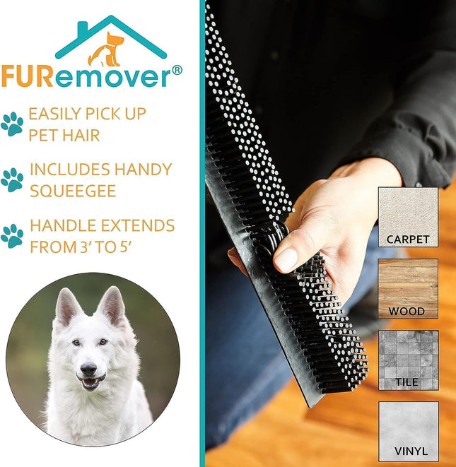 Furemover Original Pet Hair Rubber Broom with Squeegee, with 58" Telescopic Hand