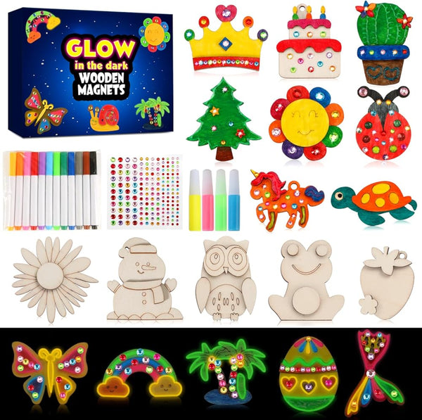 GWAHSA 30Pcs DIY Wooden Magnets, Glow in the Dark Wooden Art Craft Supplies Painting Kit for Kids Activities Party Favors for Boys Girls Ages 4-8